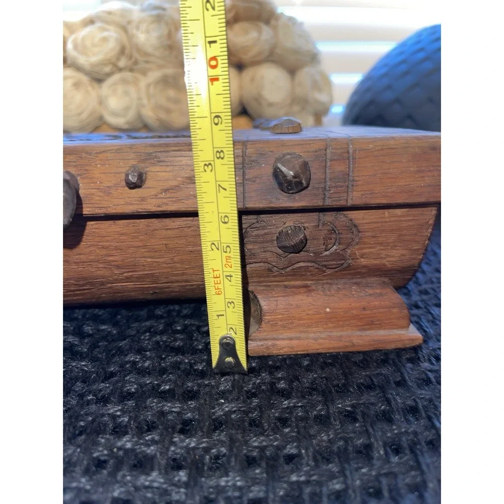 Vintage Handmade Carved‎ Wood Box With Wrought Iron Knob Jewelry Money Misc Box